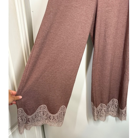 LOGO Lori Goldstein Lounge Pants Size L Mauve/Brown Wide Leg Crop Lace Trim Cozy - Picture 4 of 9
